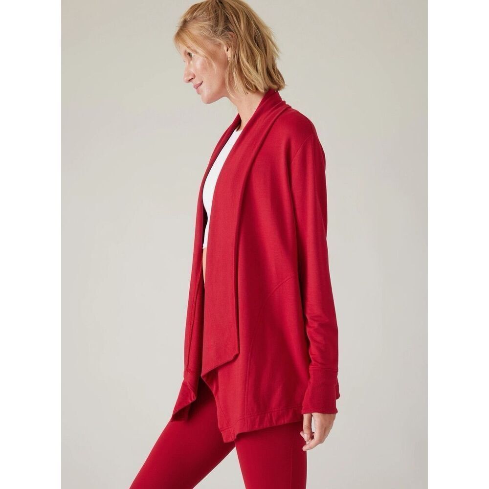 Athleta Cardigan Pranayama NWOT Restore Wrap Open Front Clover Berry Red Medium - Picture 3 of 11